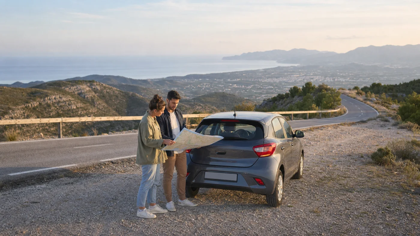 Travellers planning a flexible route beside an unbranded rental car