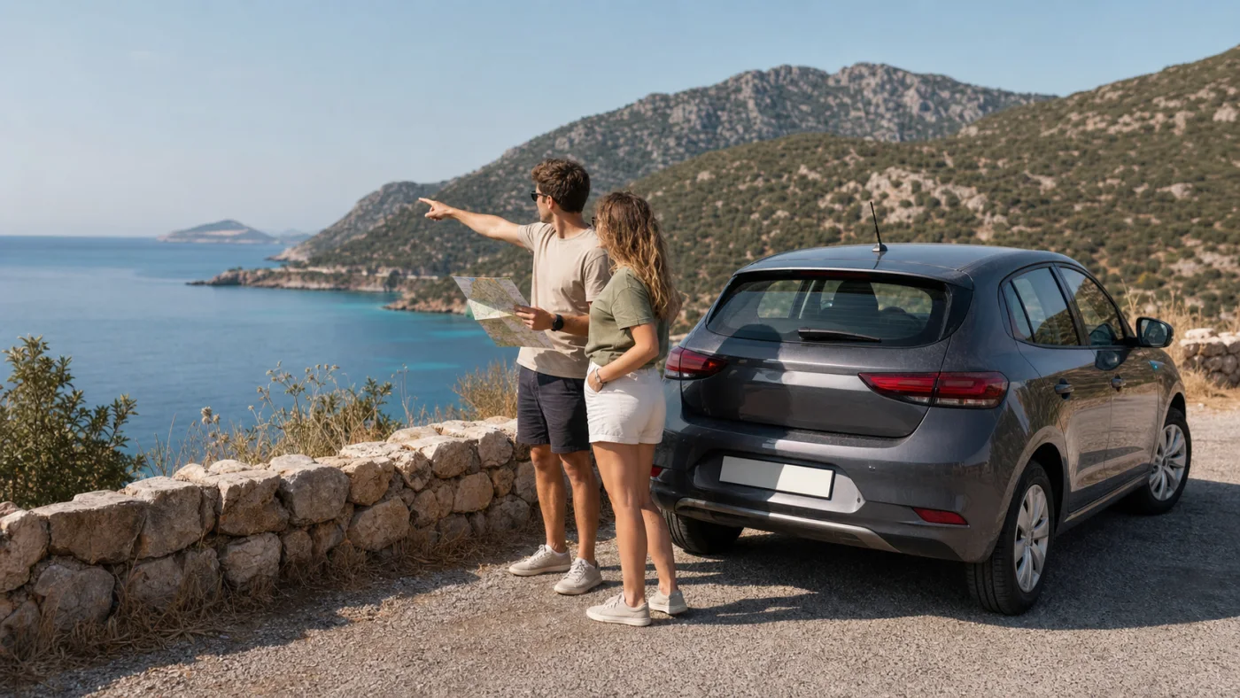 Two travellers planning a coastal route near Kaş from a safe parking area