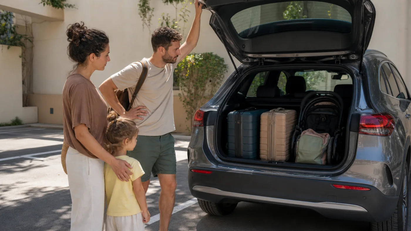 Family checking luggage and pushchair space in a rental car before an Antalya trip
