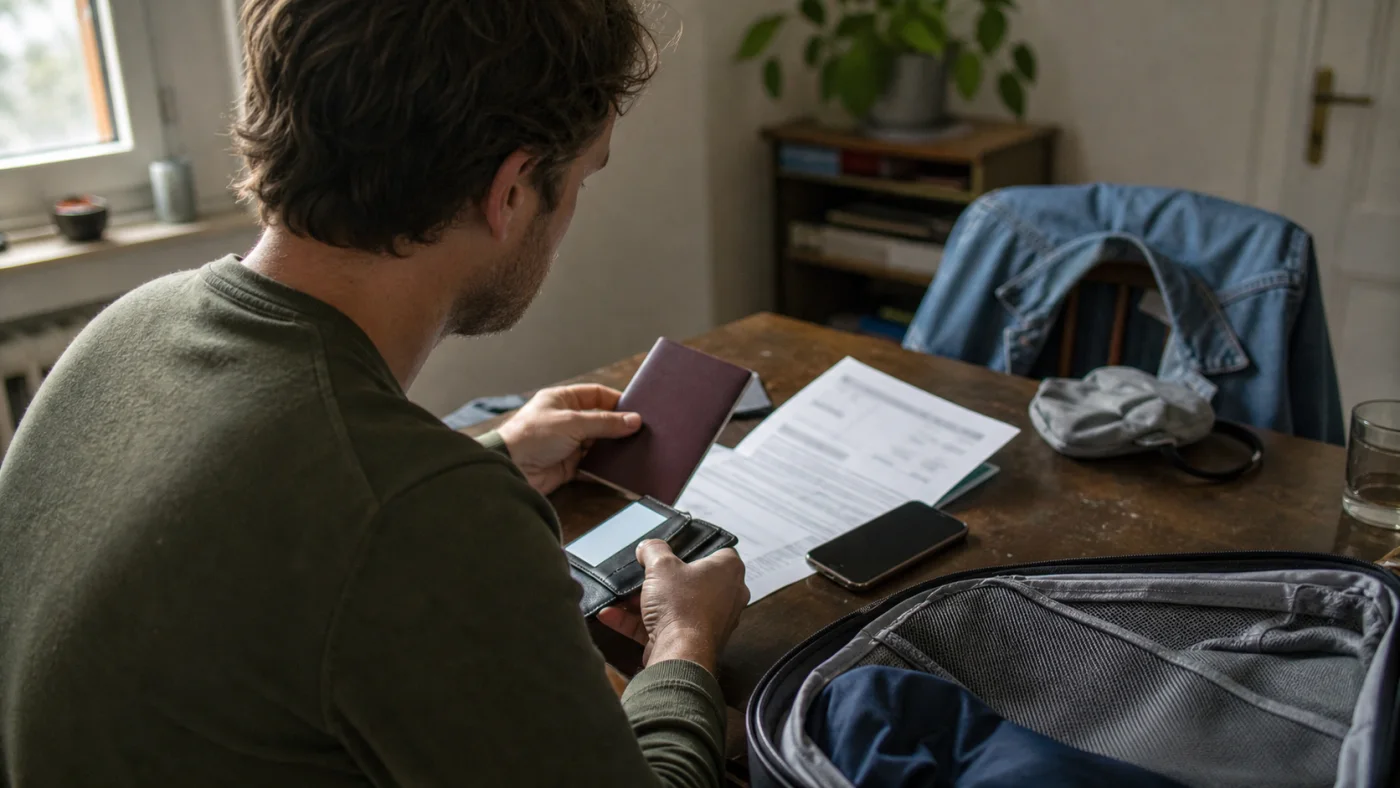 Driver checking physical licence, identity and booking documents before travelling
